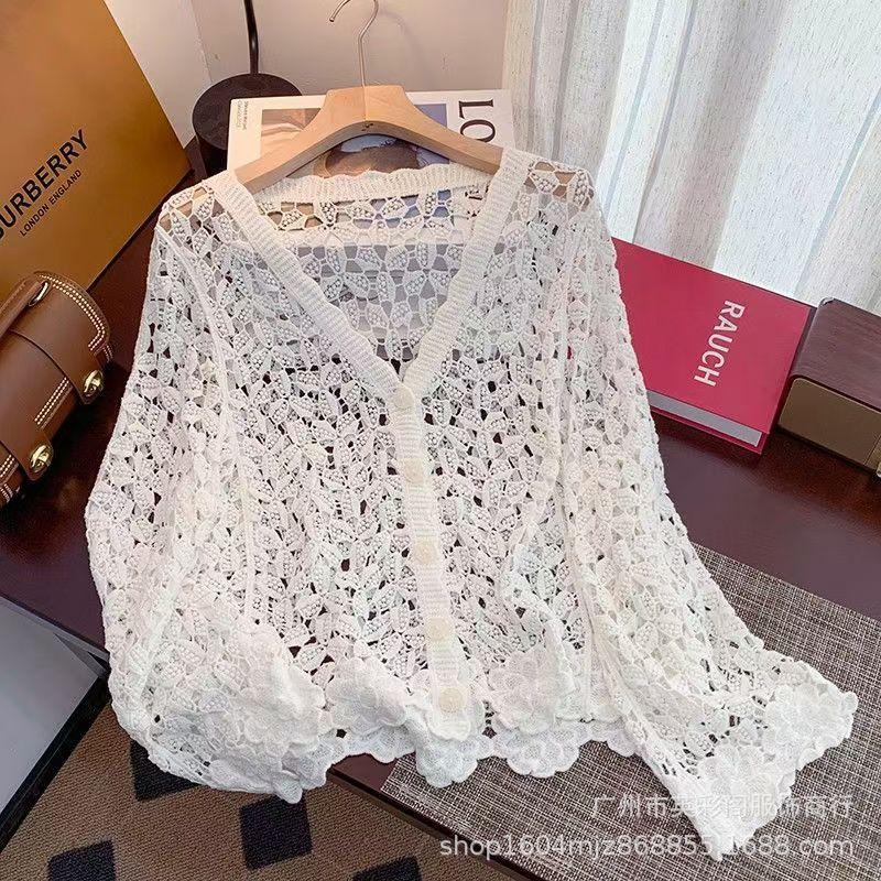 Seaside Retro Vacation Style Sunscreen Knitted Cardigan Women's Summer Hollow Crochet Loose Casual Niche Chic Top