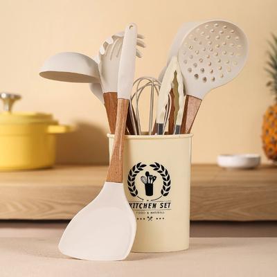 Solid Wood Handle Silicone Kitchen Utensils 11-piece Set, Cooking Kitchen Tools Spatula Spoon 11-piece Set