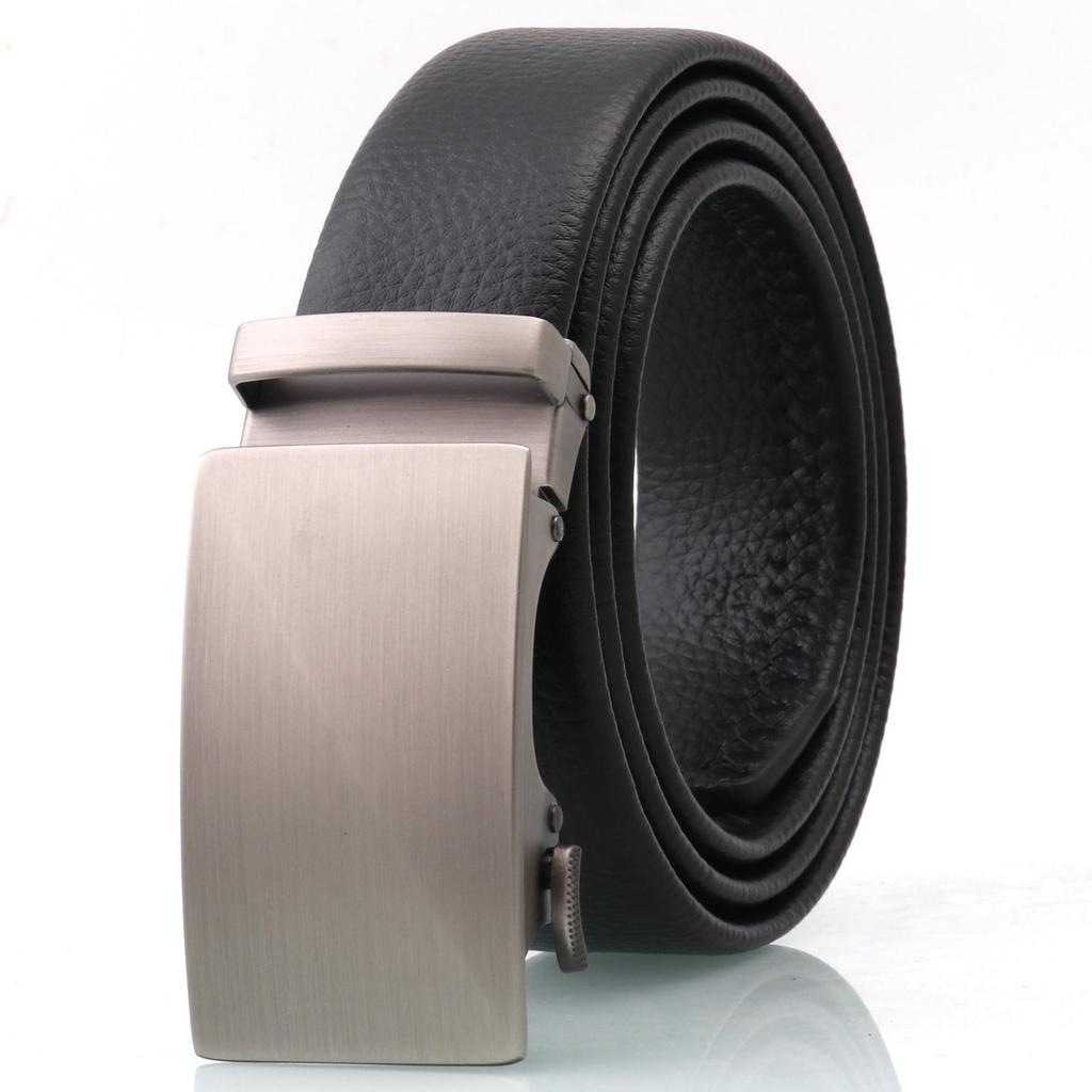 Men's Genuine Leather Belt with Brushed Automatic Buckle and Customizable Laser Logo for Formal Wear