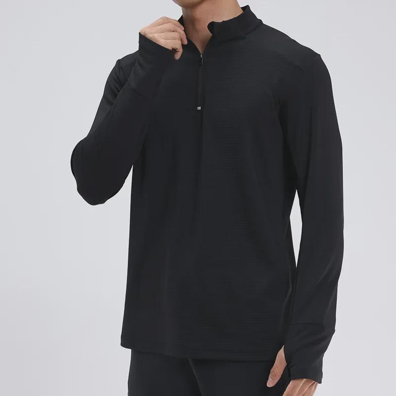Dijia Men's Quick-Dry Running Pullover: Long-Sleeve, Stand-Up Collar, Half-Zip, Finger Protection for Fitness Training.