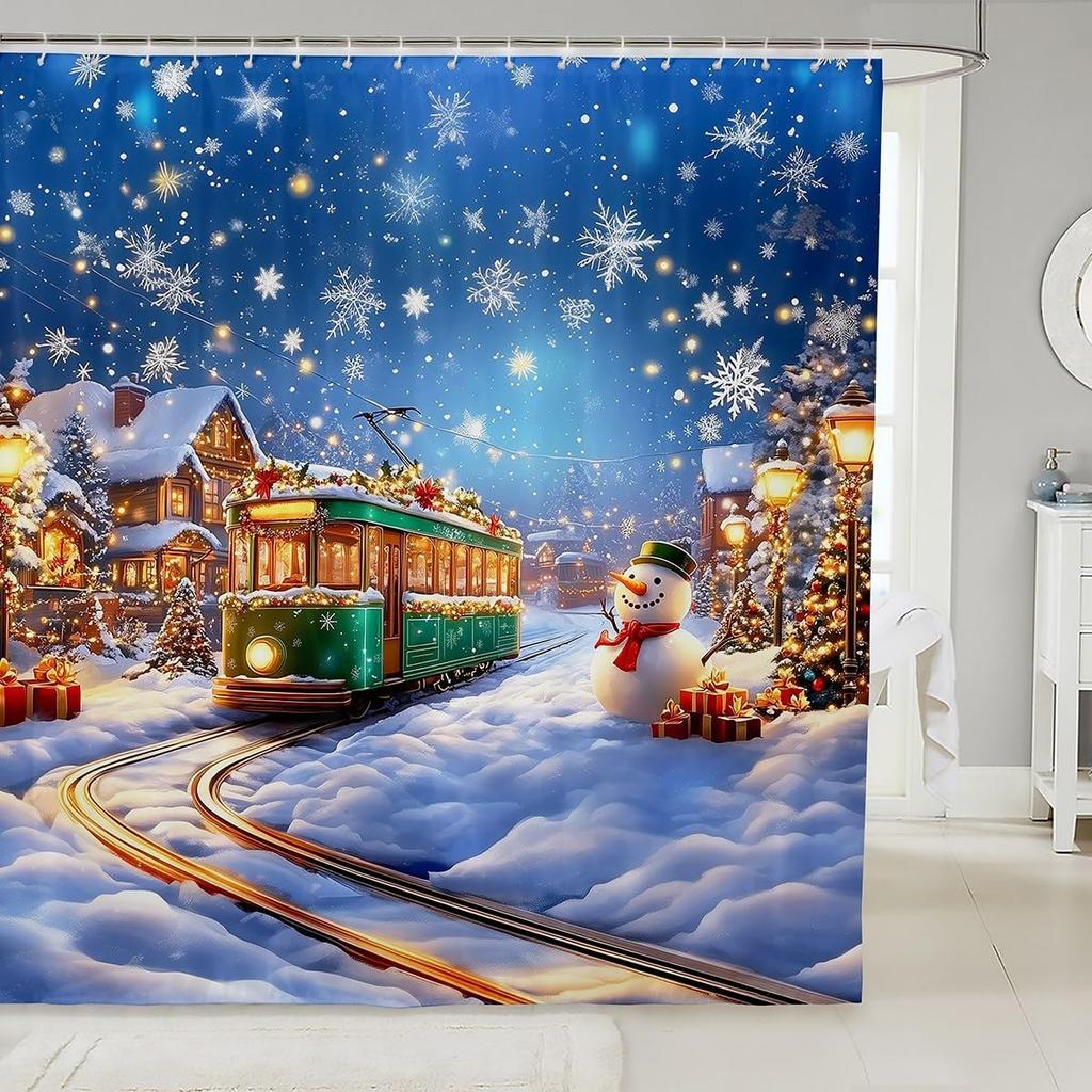 Cute Christmas Bear Shower Curtain Winter Snowflake Xmas Tree Decor Bathroom Curtains for Kids Boys Girls Teens Cartoon Animal