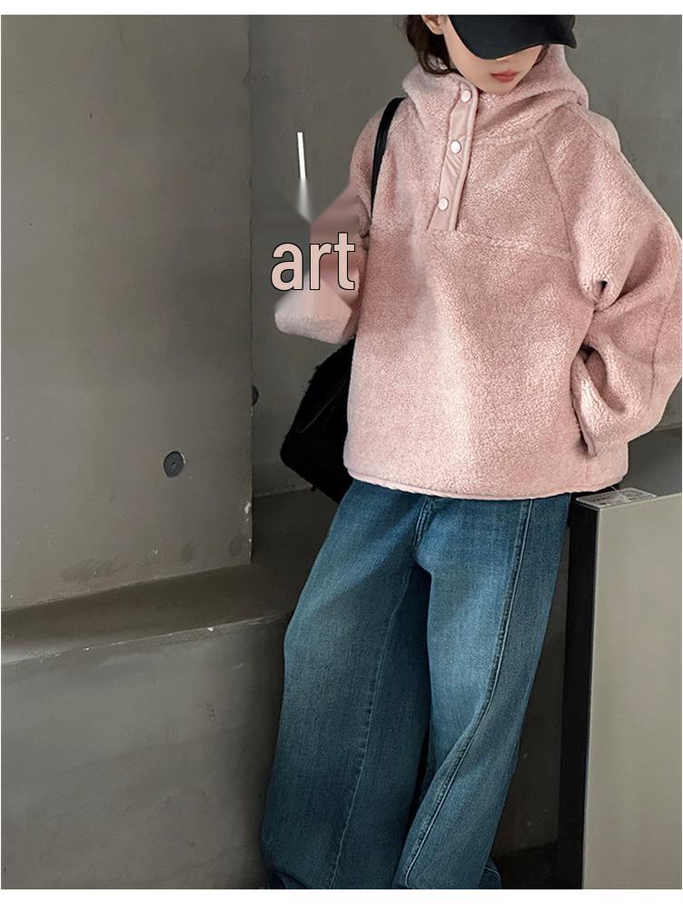 Girls' 2025 Korean Style Fuzzy Hooded Sweater - Autumn/Winter Warm, Loose Pullover