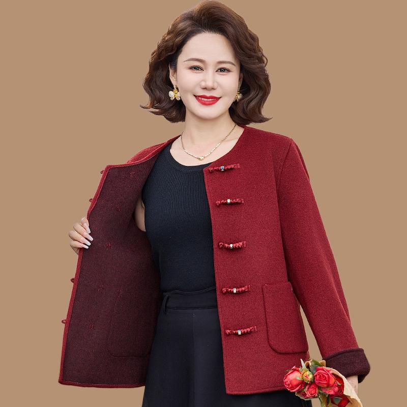 

New Stylish Double-Sided Wool Coat with Chinese Frog Button for Middle-Aged and Elderly Women 5XL ~ 150-160 lbs червоний