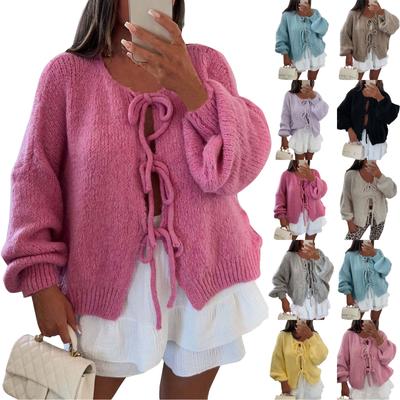 Women‘s Round Neck Long Sleeve Lace-Up Fitted Cardigan Coat