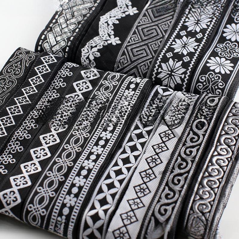 Traditional Ethnic Lace Trim with Black & White Patterns for Clothing, Carpets, & Accessories