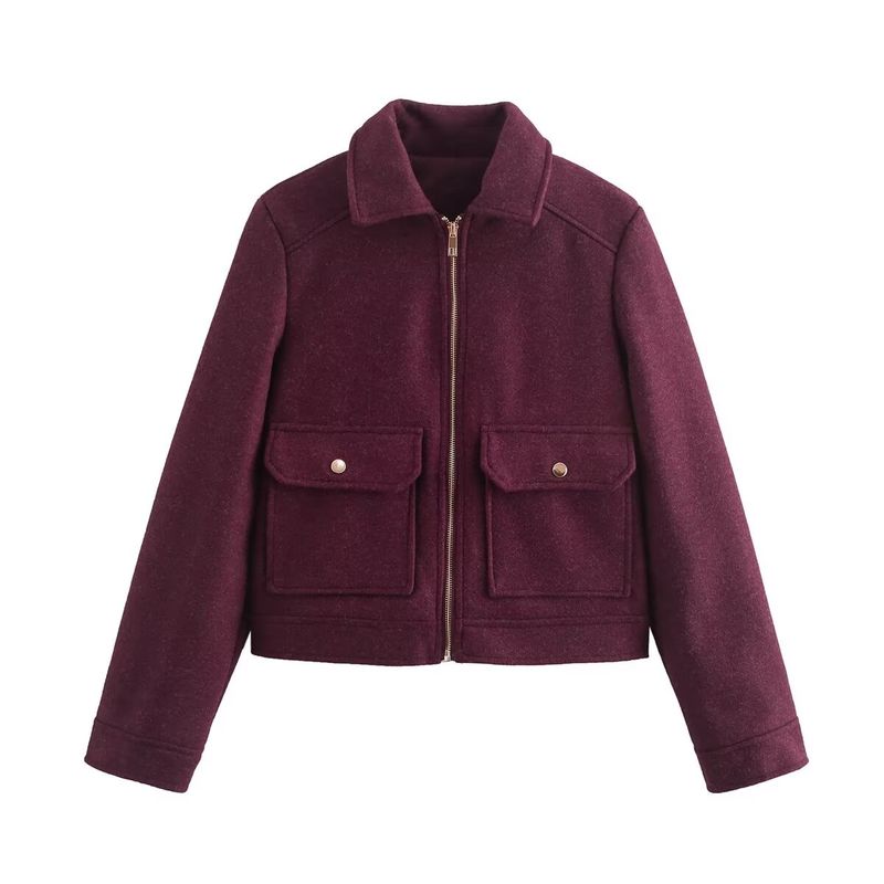 Kaslead New Arrival Women's Clothing Fashion Style Stylish Simple and Versatile Soft Woolen with Pocket Zipper Outwear