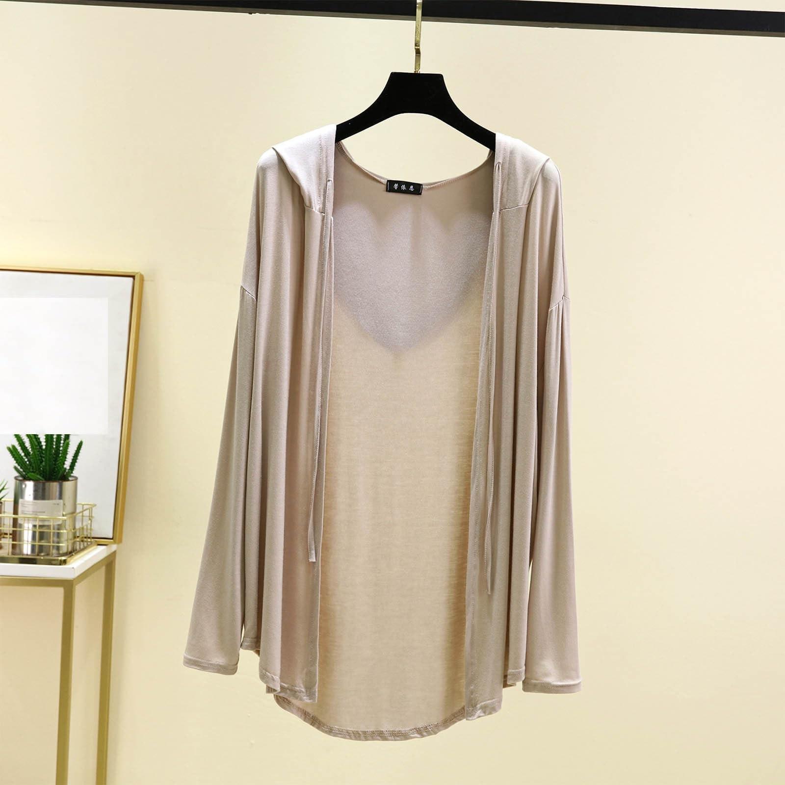 

Women s Summer Hooded Long Sleeved Cardigan Oversized Top Shawl Thin Jacket L бежевый