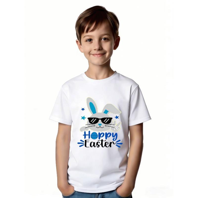 European Sizes Children Girls and Boys Cartoon Style Rabbit Pattern T-Shirt - Stylish Black Background, Trendy Sunglasses Rabbit, Hoppy Easter Design