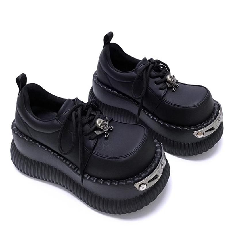 Metal Decoration Round Toe Thick Bottom Platform Chunky Heels Women Pumps Lace Up Black Ins Fashion Y2K Punk Street Ladies Shoes