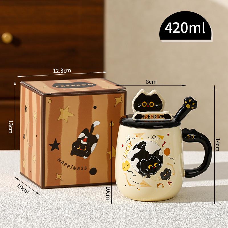 Adorable Black Cat Ceramic Mug with Lid and Spoon - Perfect Birthday Gift Souvenir 420ml