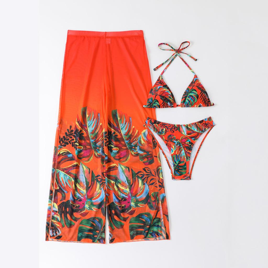 Modische Damen-Hose, Dreiteiliges Set mit durchgehendem Print, Badeanzug, Rückenfreies Geteiltes Oberteil, Bikini