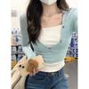 Contrasting Color Fake Two-piece Neck Knitted Sweater Women's Early Spring Age Reduction Slim-fitting and Thin Long-sleeved Bottoming Shirt Top