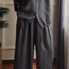 Women's Casual Lounge Set Cotton Linen Two Piece Outfit Long Sleeve Button Down Blouse And Wide Leg Pants With Drawstring Hem