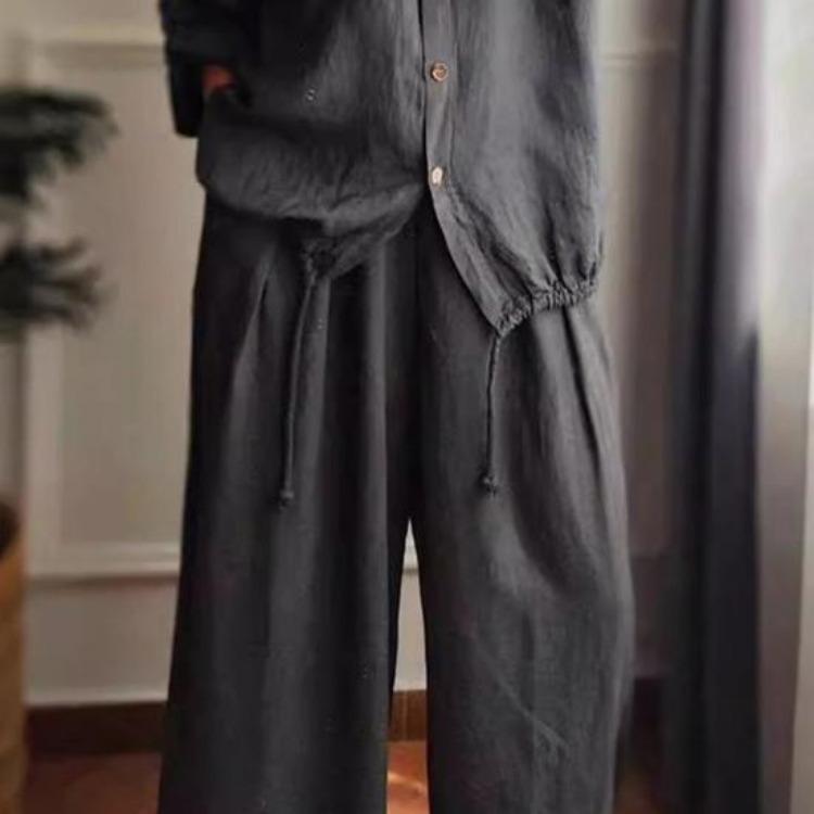 Women's Casual Lounge Set Cotton Linen Two Piece Outfit Long Sleeve Button Down Blouse And Wide Leg Pants With Drawstring Hem