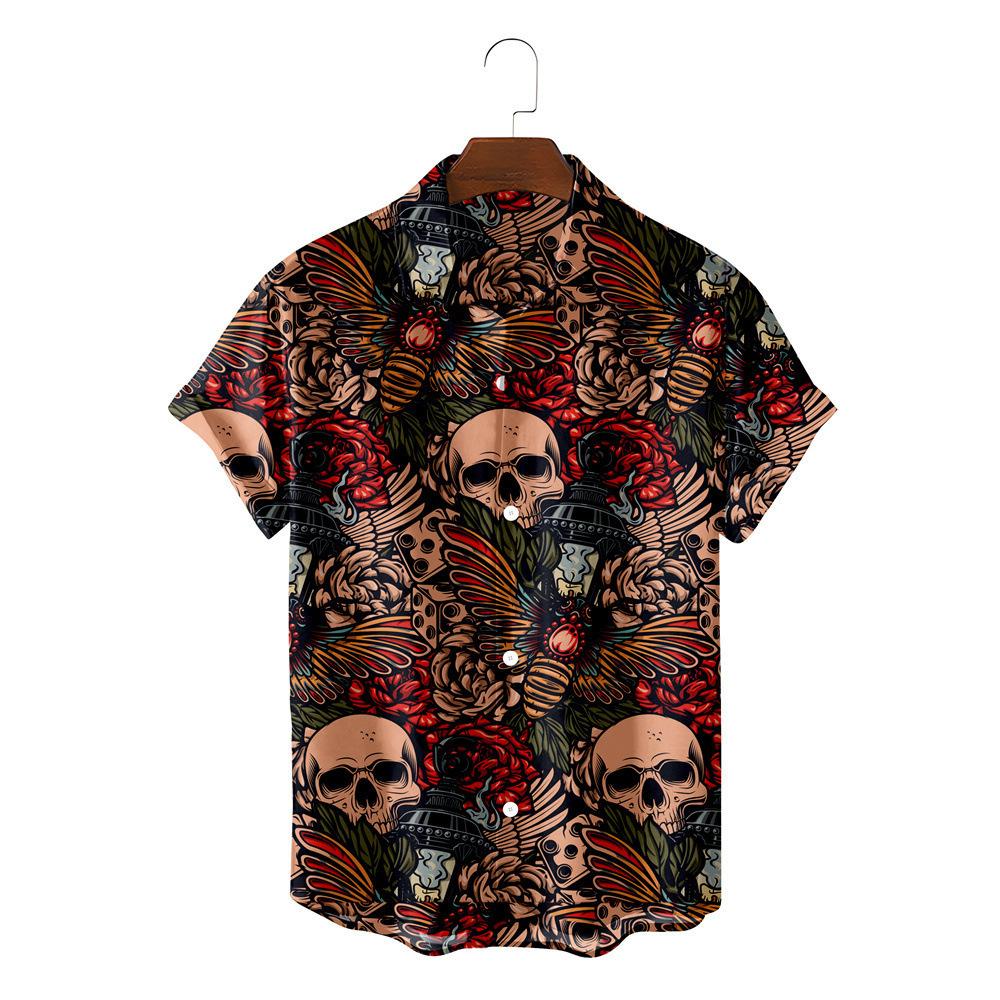 Kurzarm Hawaiihemd 1D-Druck Rosen- und Totenkopfmuster bequemes trendiges Oberteil