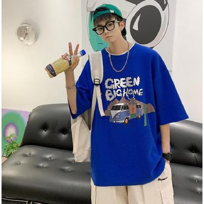 

Мужские футболки с буквенным графическим принтом, модные брендовые футболки для мужчин, футболки больших размеров, мужская одежда, повседневная мужская футболка, летняя корейская ретро 3XL синий