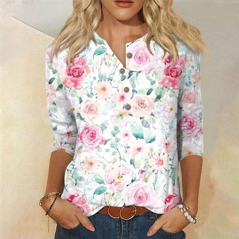 Button V-neck 3D Printed Top Fashionable Casual Long Sleeved Women's T-shirts