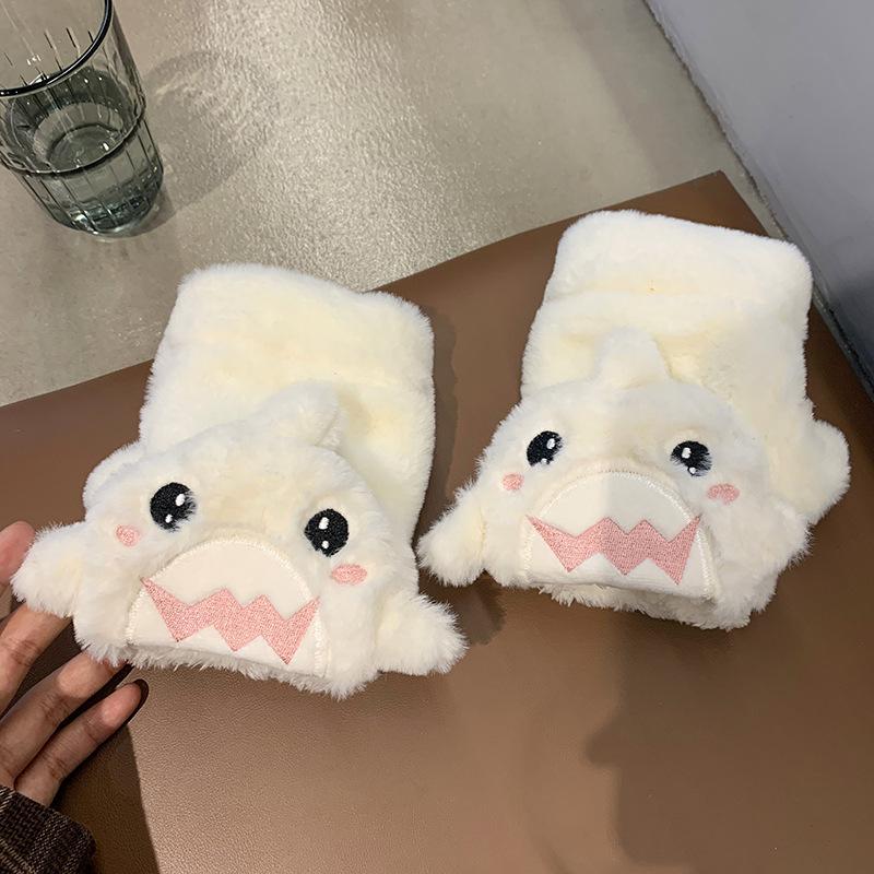 Gloves for Women In Winter Cute Shark Half Finger Plush Thickened Flip Student Fingers To Prevent Cold  Men Keep Warm and Velvet