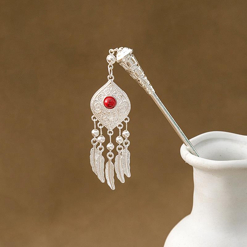 Hairpin Hollow Feather Fringed Hairpin, Ethnic Feng Shui Drop-Shaped Oil Dripping Hairpin Hanfu Disc Hair Accessories