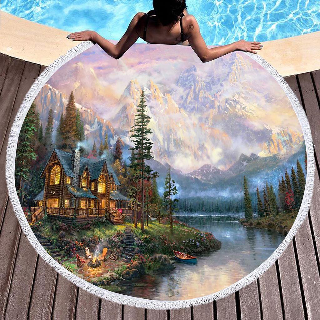 Landscape Art Oil Painting Round Beach Blanket Water Absorbent And Quick Drying Polyester Beach Towel Pool Towel Picnic Blanket