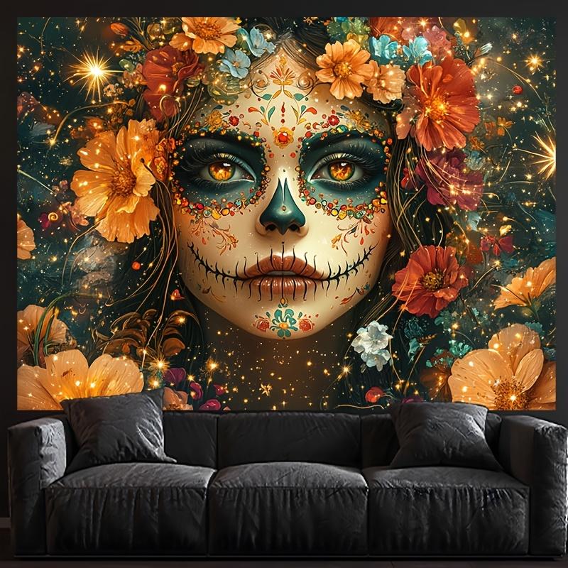 Vitality Sugar Skeleton Woman Pattern Tapestry - Delicate Flowers and Shiny Patterns Suitable for the Living Room