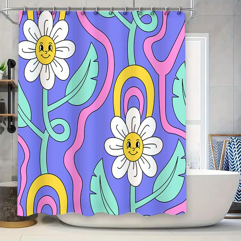 

Floral Printed Shower Curtain Bathroom Decor White Yellow Flower Pattern Blue Background 72X84 (183X213Cm) W60H190(CM)-1 Pcs