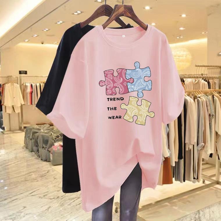 Cartoon puzzle letter printing short-sleeved t-shirt women's summer 2025 new loose casual versatile crew neck thin top
