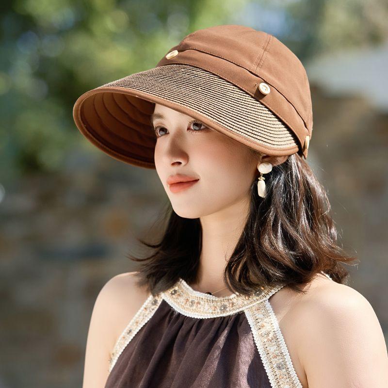 Women's Wide Brim Sun Hat, UPF UV Protection Outdoor Fishing Cap, Solid Color Bucket Hat with Adjustable Drawstring, Foldable Ponytail Beach Visor