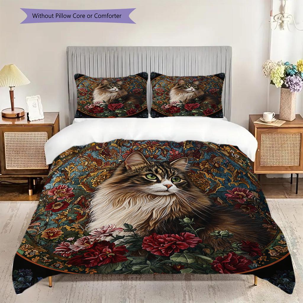 Tabby Cat Pattern Bedding Quilt Set Quilt Cover Pillowcase Home Decoration Birthday Gift (1 * duvet cover + 2 * pillowcase, without core)
