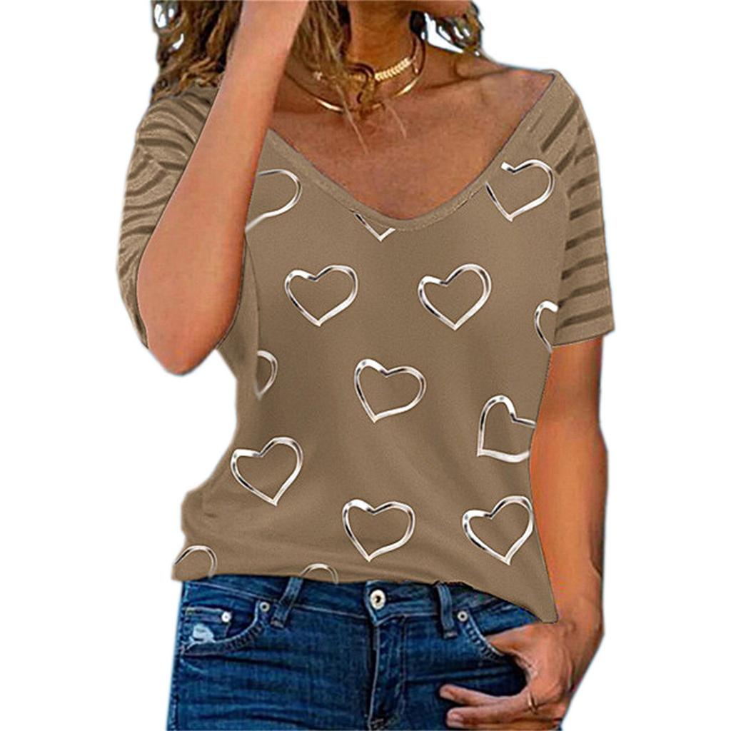 Ladies' top, short-sleeved, heart-shaped printed V-neck