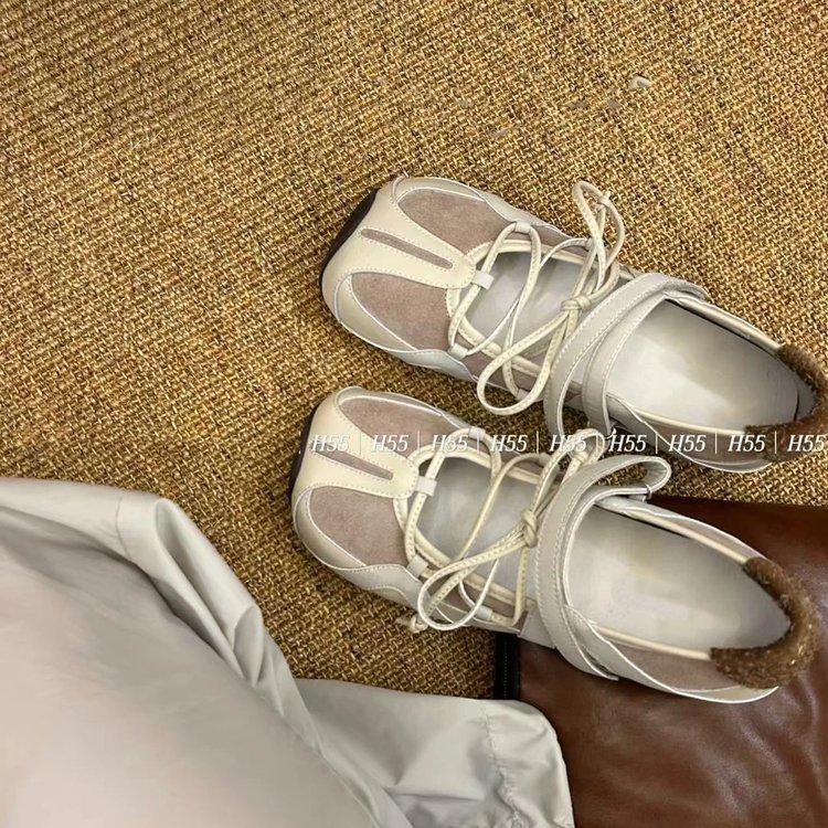 Soft leather version~ Rebellious ballet Velcro Mary Jane shoes women's splicing leather casual versatile single shoes H55 same style