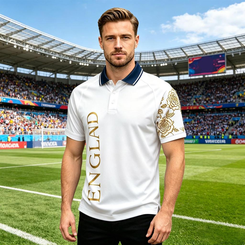 Klassiek Heren Poloshirt Voetbalshirt met Bedrukt Engeland Embleem en Badge Ontwerp Geschikt voor Casual en Sportkleding