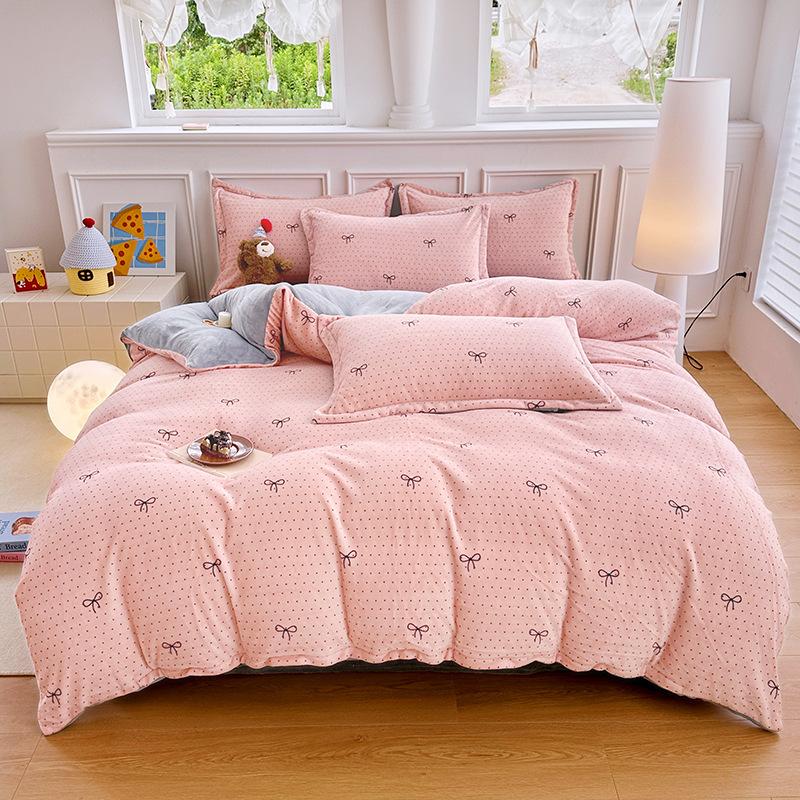 Thickened Milk Fleece Printing Four-Piece Polka Dot Student Bed Sheet Quilt Cover Bed Three-Piece Dormitory