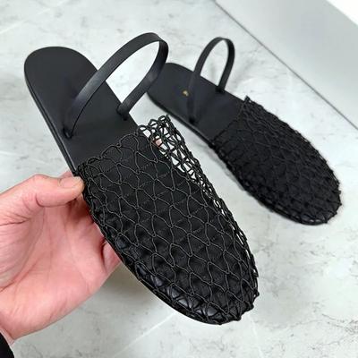 Modetrend Mesh Flache Sandalen Damen 2024 Markendesign Weben Ausgehöhlt Atmungsaktiv Damen Pantoletten Römerstil Sommer Pantoletten