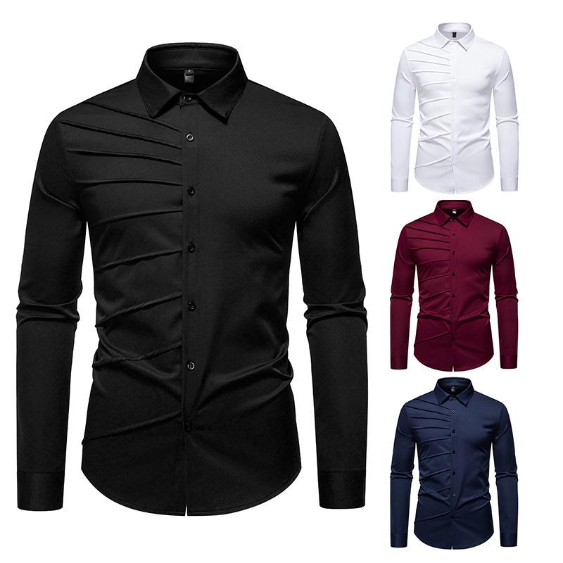 Autumn Men'S Solid Color Pleated Design Long-Sleeved Shirt European Size Men'S Loose Shirt