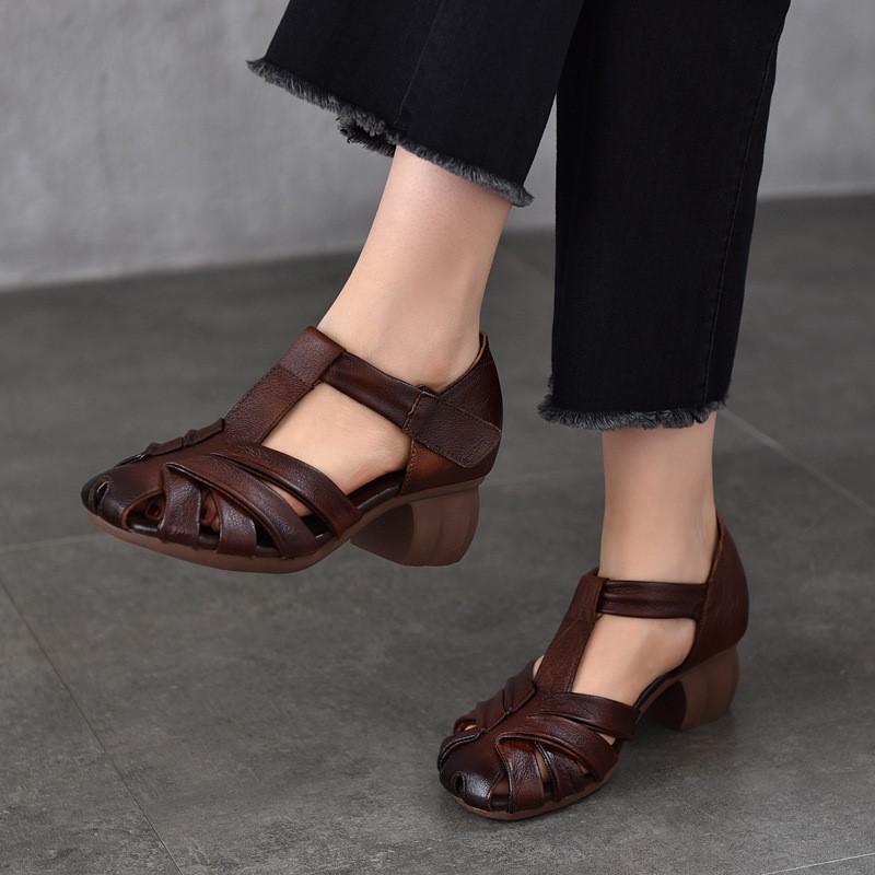 Johnature Genuine Leather Retro Round Toe Middle Heel Sandals Versatile Comfortable Thick Heel Women's Shoes