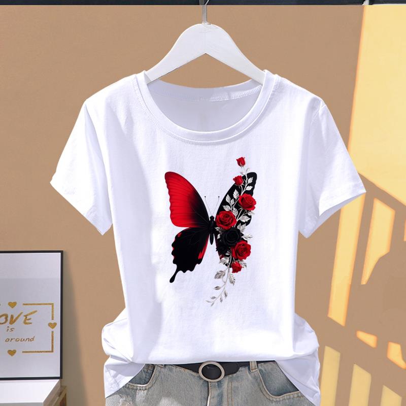 

(Asian Size) sweet flower style Short Sleeve T-shirts Women s Top T Clothing Print Fashion Female Casual O-neck Graphic Tee M