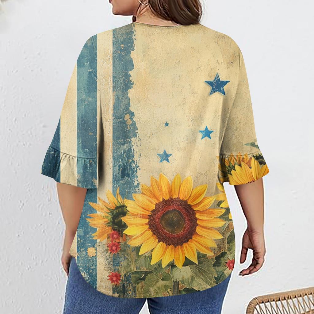 Women's Fashion Casual V-Neck Seven Sleeve Ruffle Sleeve Independence Day Printed T-Shirt Tops Plus Size Women's