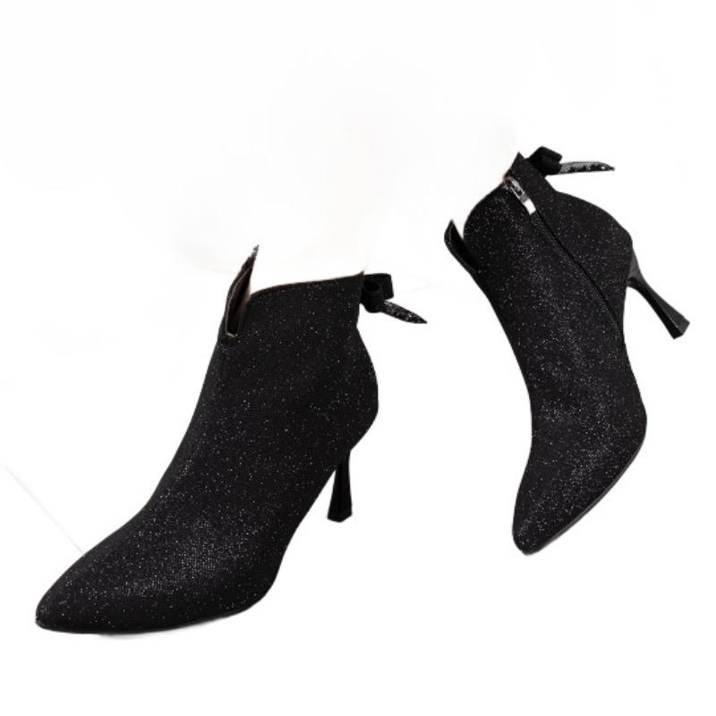 Mode Schleife High Heels Damen Bling Kurze Stiefel Mode Spitzschuh Komfortschuhe 2025 Winter Neu Elegant Chelsea Stiefeletten Kleid Pumps