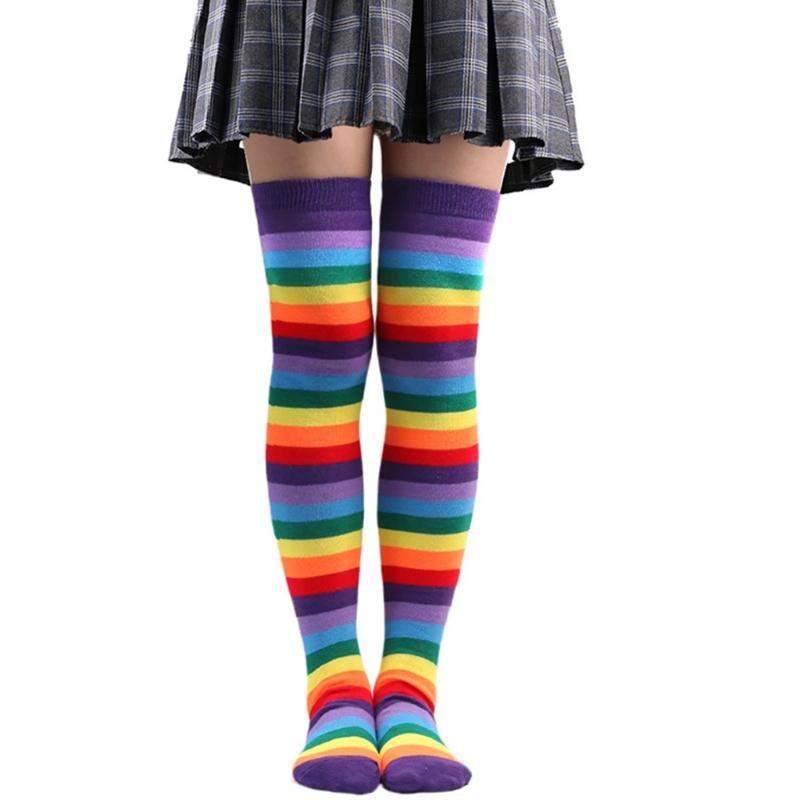 Rainbow Stripe Thigh High Socks Gloves for Female Christmas Party Costume Accessories Stretchy Warm Socks Cosplay Props