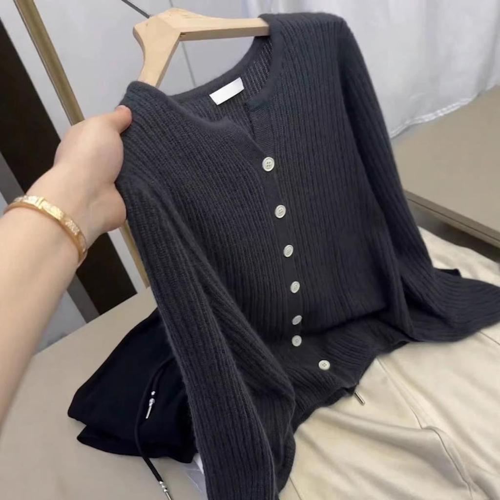 Women's Spring/Summer Wool Knit Cardigan – Half-High Round Neck, Plain Color, Versatile Outerwear Sweater.