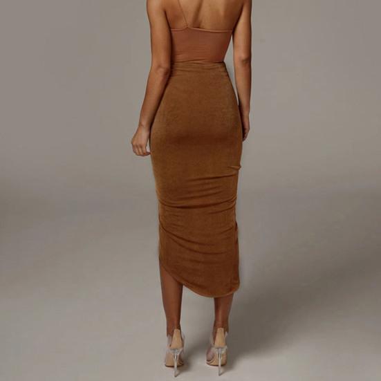 Bodycon Skirt Shirring Drawstring Women Solid Color High Split Irregular Skirt Clubwear