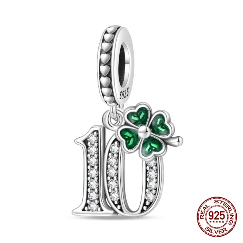 100% 925 Silver Green Zircon Lucky Number Pendant Suitable for Original 925 Women Bracelet DIY Jewelry Making Gift