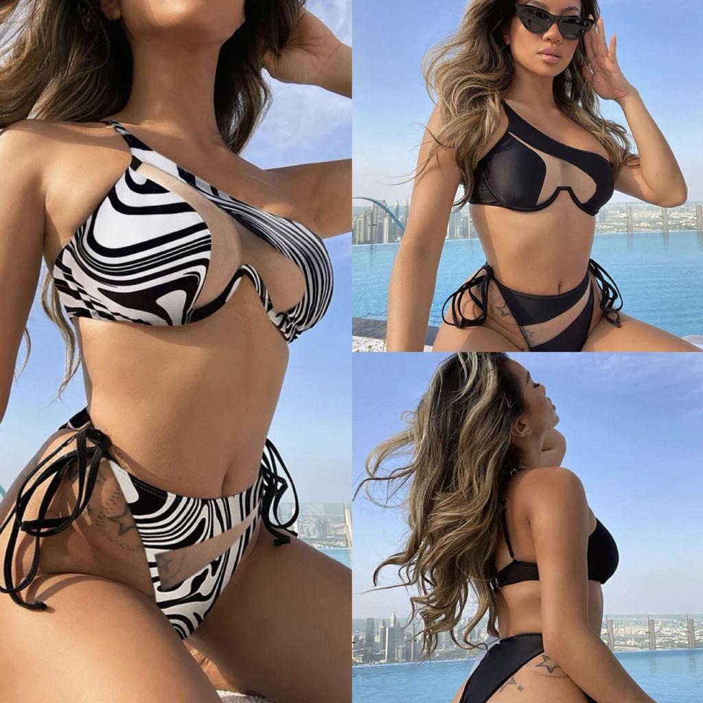 2025 European & American One-Shoulder Underwire Cutout Lace-Up Bikini