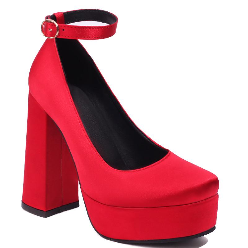 

Модные сексуальные женские туфли на высоком каблуке 2024 года, весенние туфли-лодочки с круглым носком, черные, красные, розовые, атласные, на каблуке, для танцев, свадеб, для женщин, большого размера 34 красный