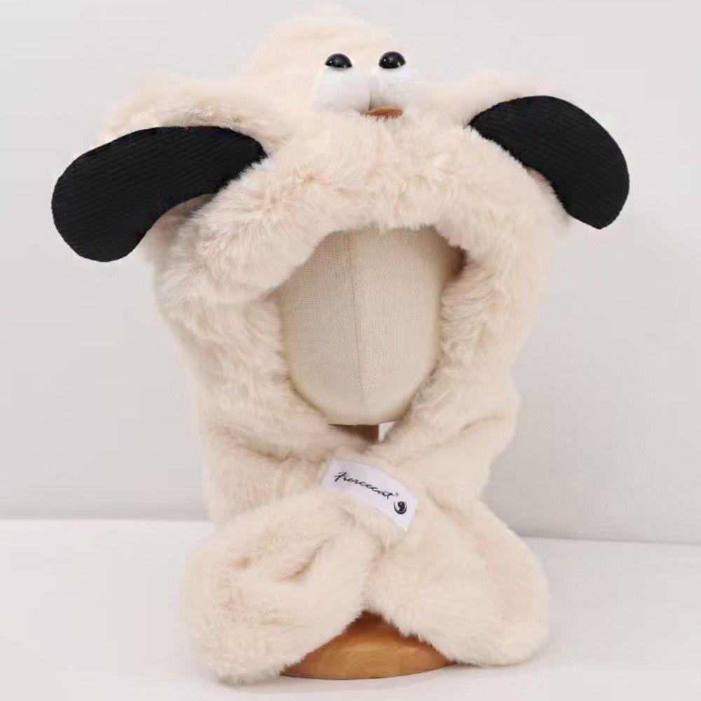 Dog Ears Cute Hooded Scarf Creative Plush Integrated Hat Hat Scarf Set Winter