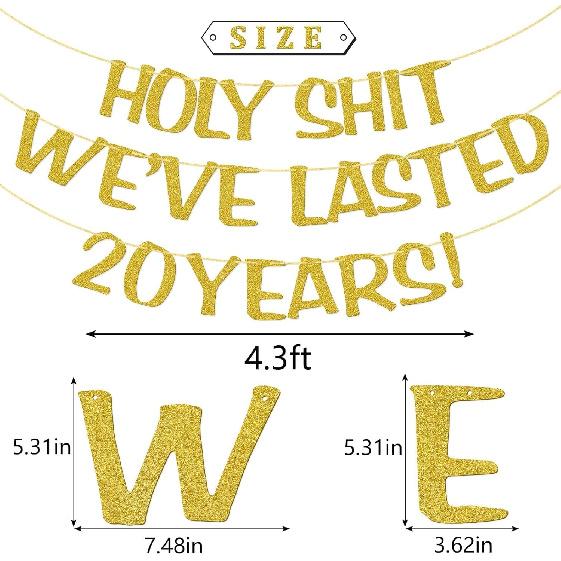 Holy We've Lasted 20 Years Banner, 20th Wedding Anniversary Party Decorations, Funny Decor for Him Her Husband Wife Parents, Pre-Strung, Gold Glitter