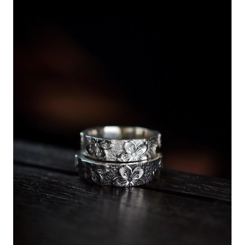 Handcrafted Cherry Blossom Engraved Adjustable Ring Women Men Vintage Boho Floral Open Band Sterling