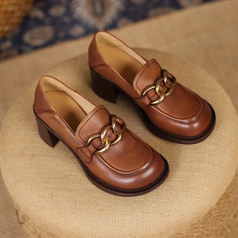 Escarpins pour femmes en cuir de vachette entièrement en cuir avec chaîne en métal mocassins chaussures chaussures paresseuses