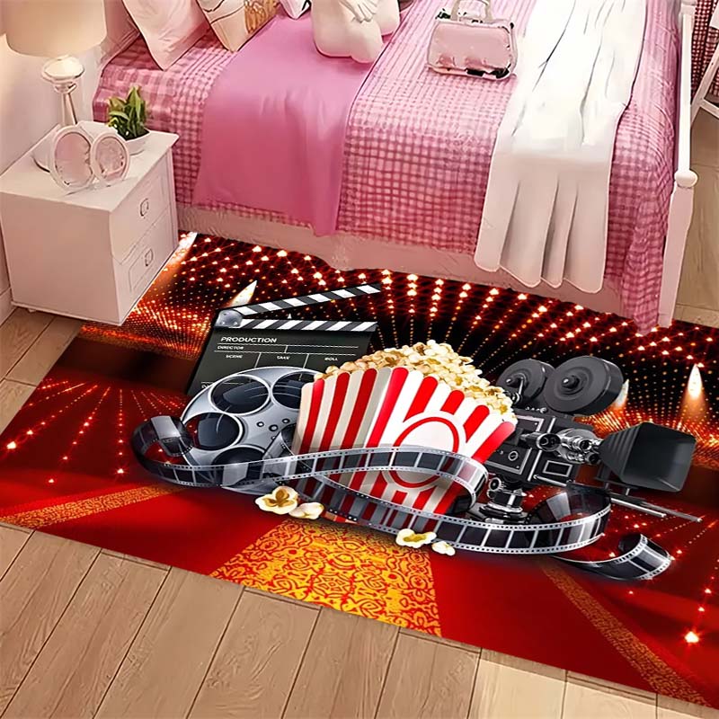 Movie Popcorn Film Projector Clapperboard Print Area Rug Cinema Theme Non‑Slip Rectangular Floor Mat Home Decor Rug for Gaming Room Living Bedroom